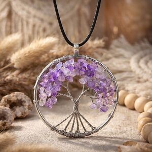 Boho Chic Tree Of Life Necklace Genuine Amethyst Crystals Silver Plated Charm